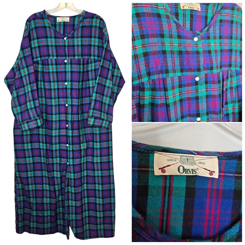 VTG Orvis Flannel Plaid Long Nightgown XL Blue Teal Purple Cotton Made in USA